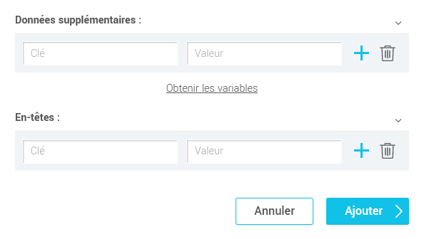 Champs Données supplémentaires et En-têtes de la configuration du webhook